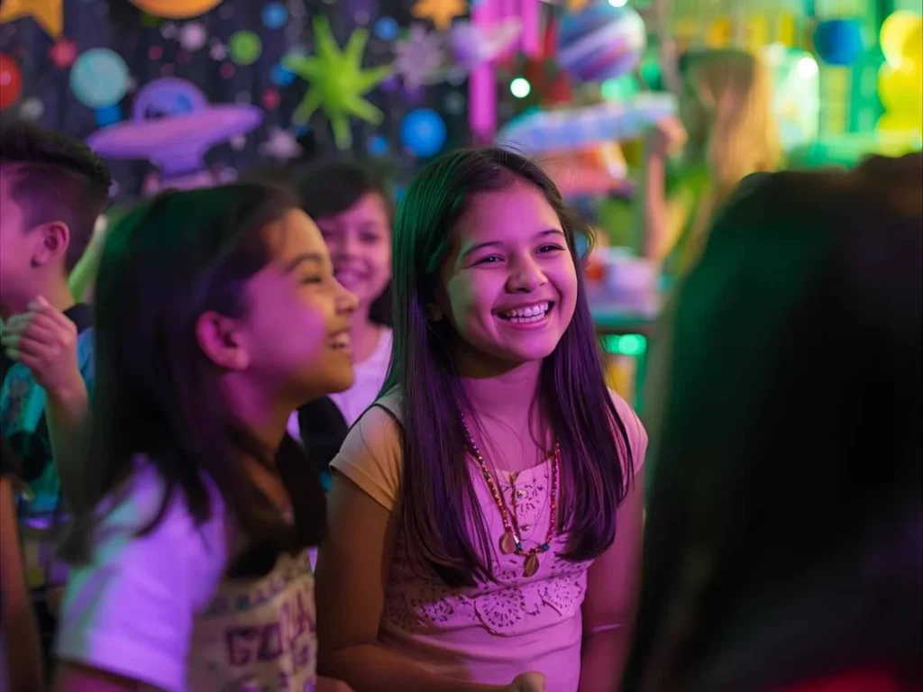 happy kids laughing with alien balloons and space decorations for alien jokes for kids blog section