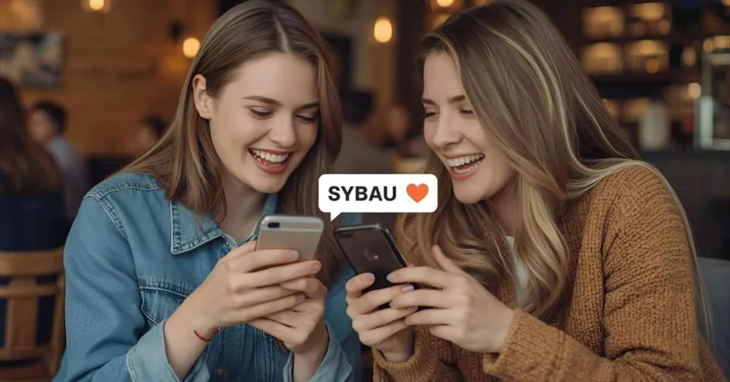Friends laughing at a phone text showing SYBAU slang message