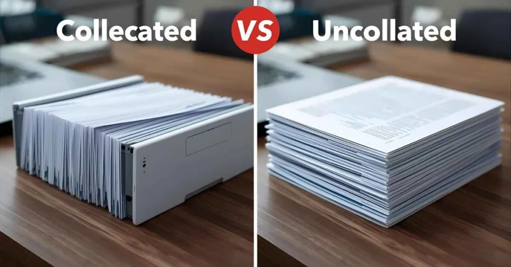 Comparison of collated and uncollated printing showing organized sets versus separate page stacks