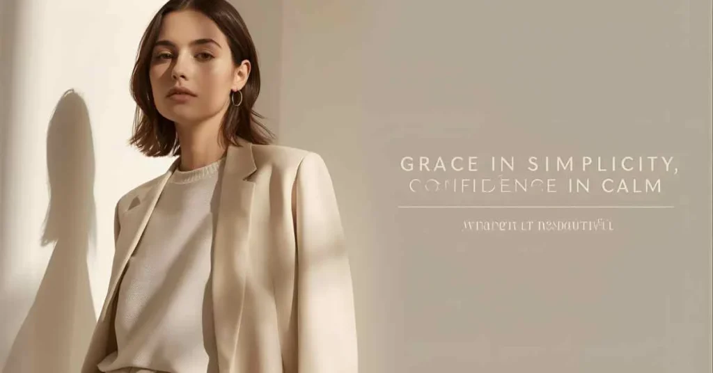 “Modern demure fashion look with soft neutral colors, minimal accessories, elegant styling, and the line ‘Grace in Simplicity, Confidence in Calm’ representing modesty and subtle confidence.”