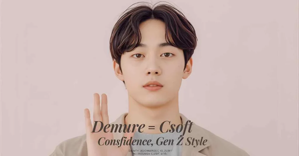 Gen Z person showing soft, modest, quietly confident ‘demure’ energy with pastel tones and a text overlay reading ‘Demure = Soft Confidence, Gen Z Style.
