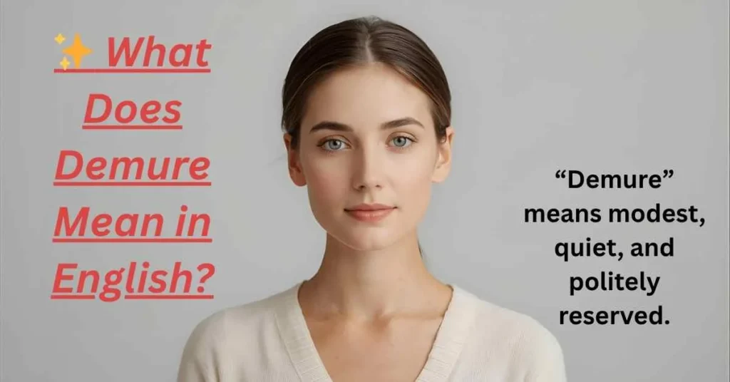 “Demure” in English means someone who is modest, quiet, reserved, and politely shy — often in a graceful or elegant way.