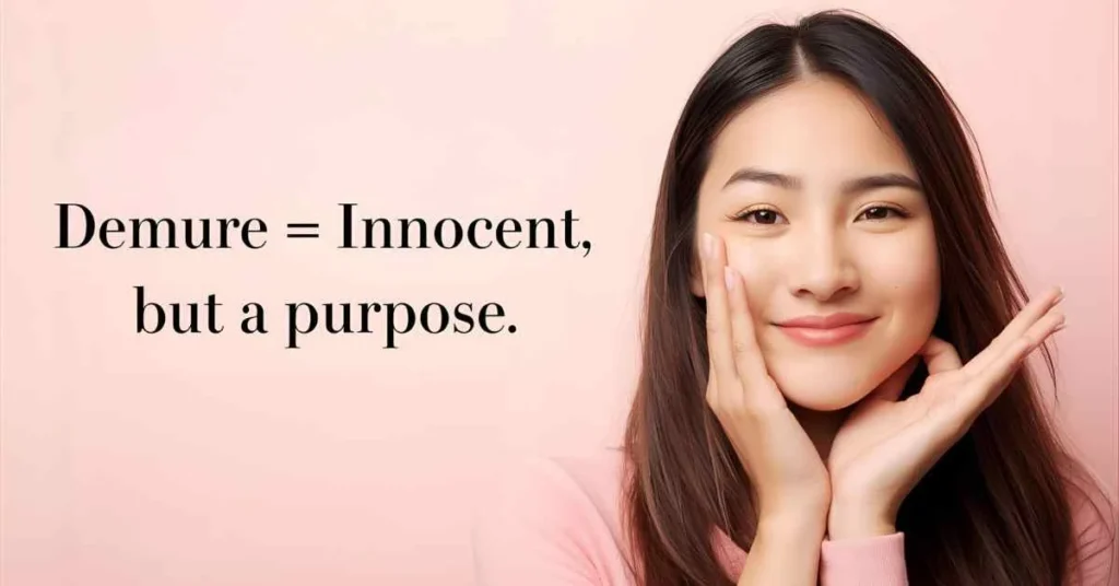 A playful, modern portrait representing the slang meaning of demure, with a soft pastel aesthetic and the text ‘Demure = Innocent… but on purpose.