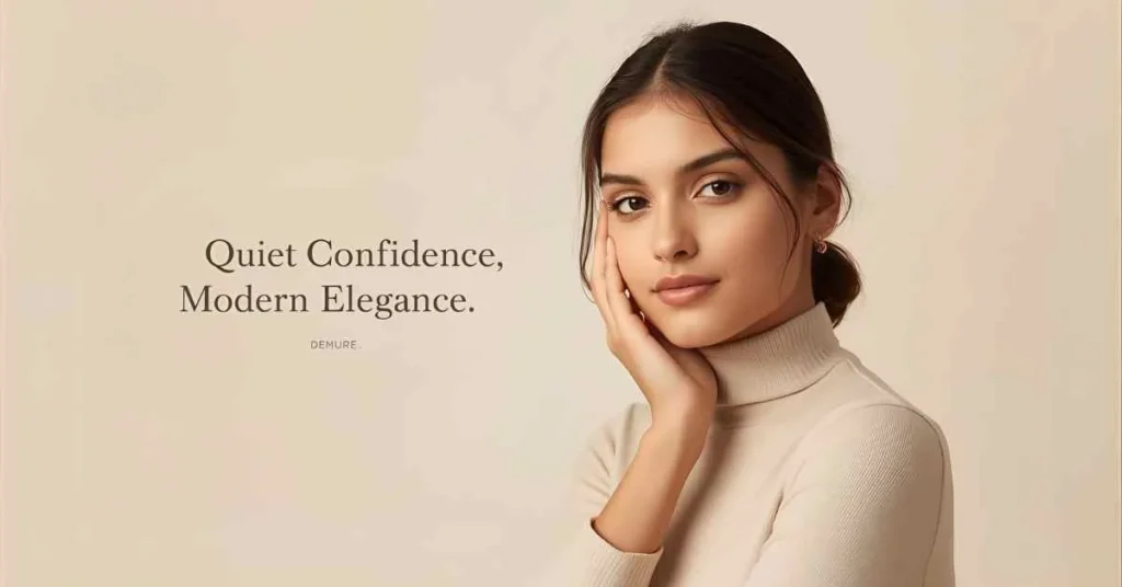 “Person showing demure style for social media — soft, elegant, modest expression with quiet confidence, reflecting modern aesthetic trends.”