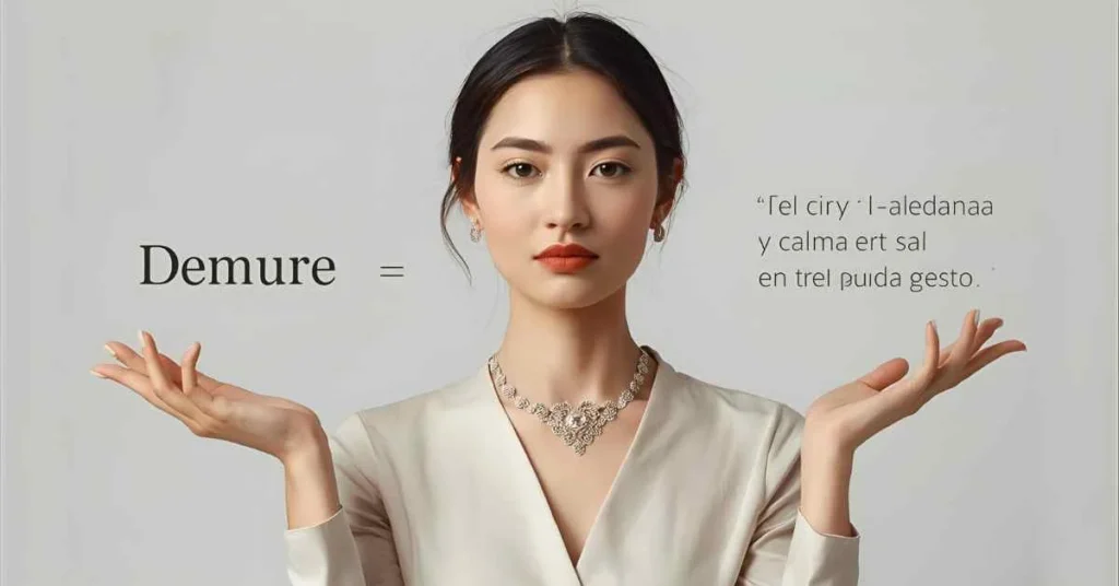 “Representation of the word demure in Spanish – a calm, modest, and elegant person with a soft expression, with the line ‘Demure = Elegancia y calma en cada gesto’.”