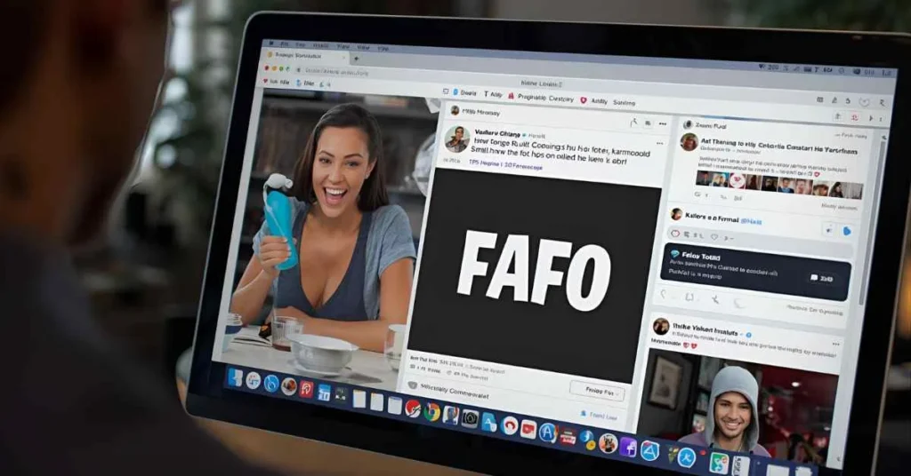Phone screen displaying FAFO in viral memes, representing online meme culture and social media slang usage.