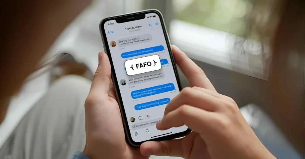 Smartphone displaying FAFO in text messages, illustrating online chat usage of the slang term.