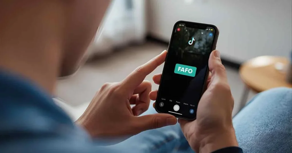 Gen Z teen holding smartphone showing FAFO highlighted on TikTok, representing viral slang and social media trend.