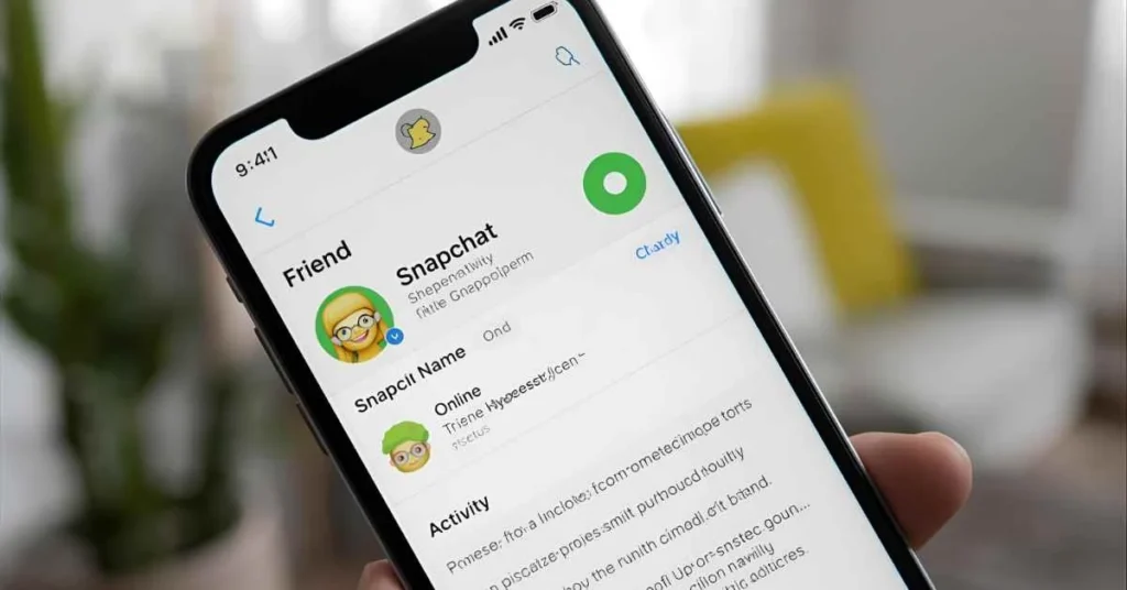 Snapchat interface showing green dot next to friend’s Bitmoji indicating online activity