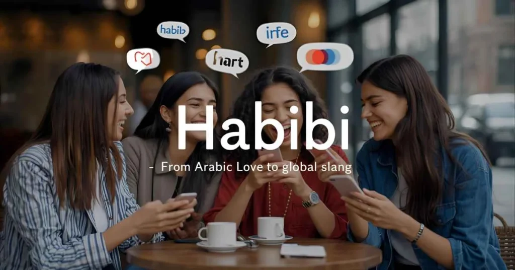 Young friends laughing and texting with the word ‘Habibi — From Arabic Love to Global Slang,’ showing casual slang usage and friendship