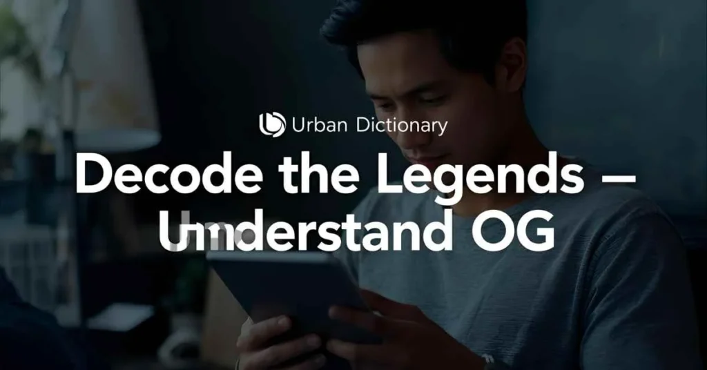 Person reading Urban Dictionary entry on OG, with the line ‘Decode the Legends — Understand OG,’ symbolizing modern slang and cultural learning.