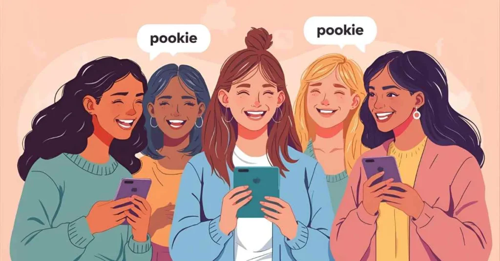 Gen Alpha teens using smartphones with chat bubbles showing “pookie,” representing online slang and social media trends.