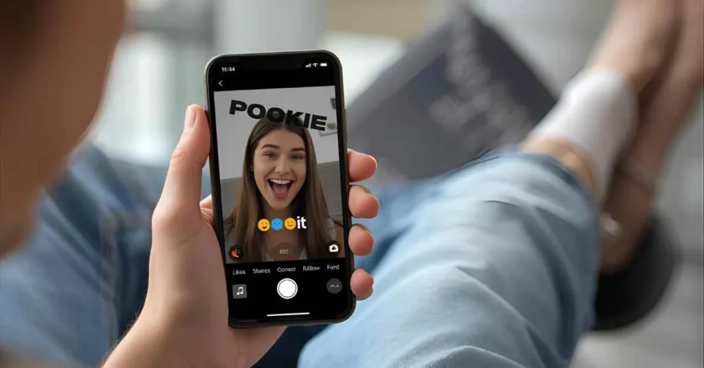 TikTok video on smartphone showing trending use of “Pookie” with emojis, likes, and comments, representing viral nickname usage on TikTok.