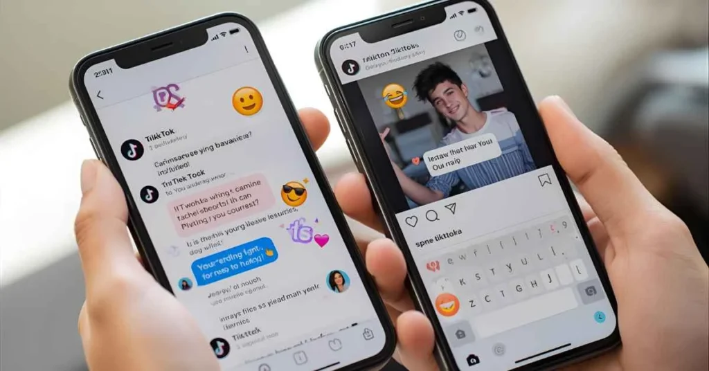 Smartphone screens showing TS in TikTok and Instagram chats and comments, illustrating slang and texting usage.