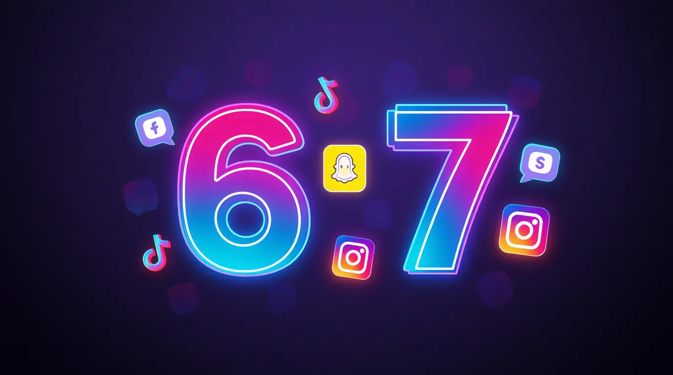 “Graphic of the numbers 6 and 7 surrounded by social media icons representing slang meaning.”