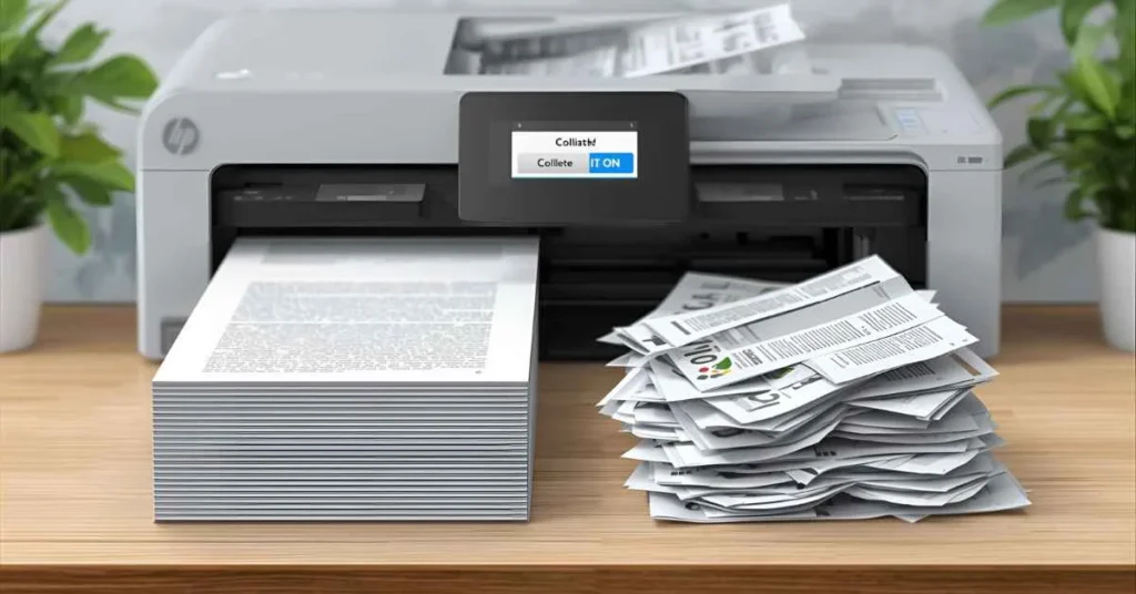 Printer showing collated vs uncollated document stacks.