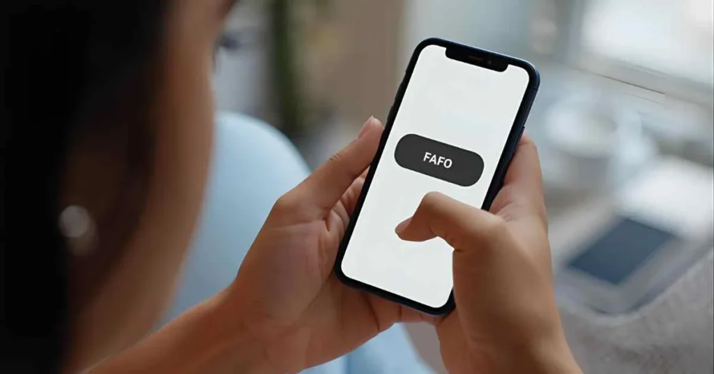 Person reading a chat message with the slang term FAFO highlighted on a smartphone screen, representing modern texting and internet slang.