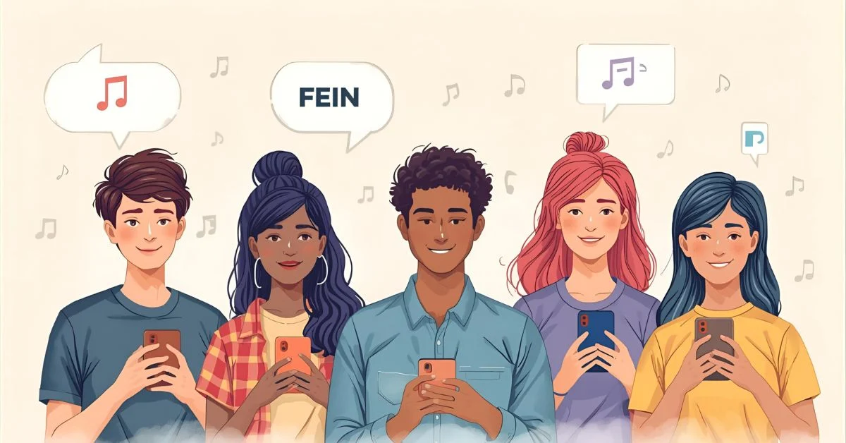Illustration showing social media users texting and discussing the slang term “FEIN,” including music references