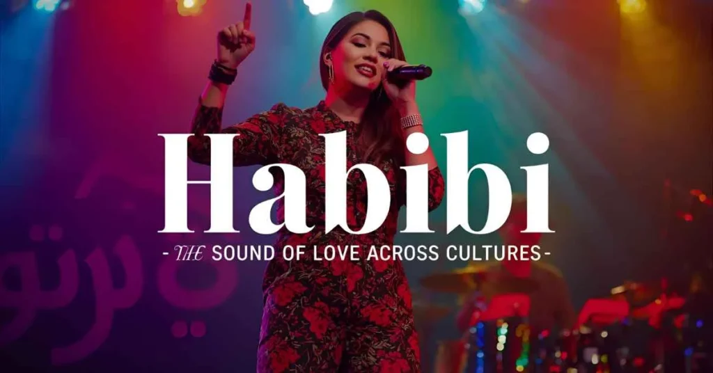 Singer performing on stage with colorful lights, representing habibi in music. Overlay text reads: ‘Habibi — The Sound of Love Across Cultures.