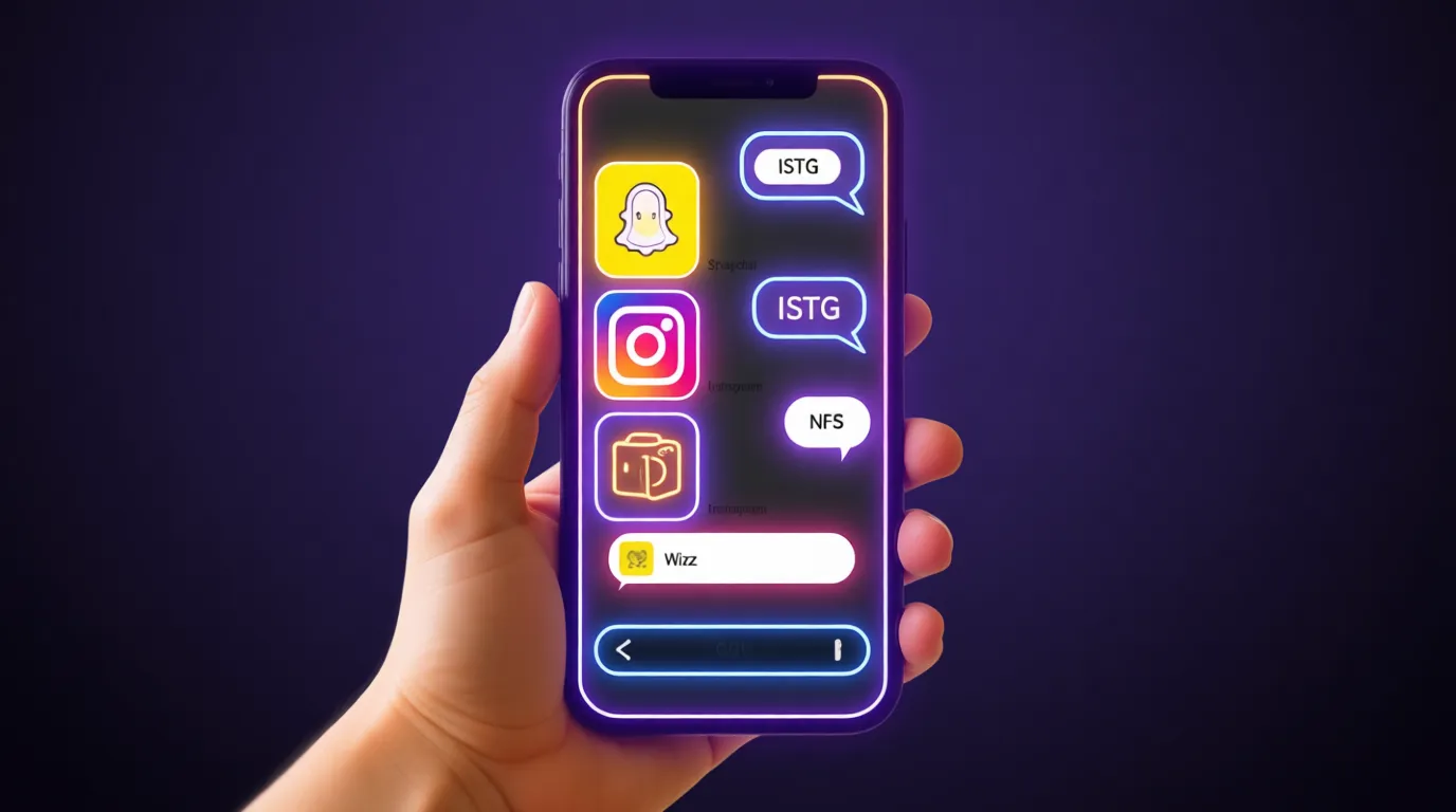 Smartphone chat showing ISTG slang with Snapchat, Instagram, and Roblox icons around it.