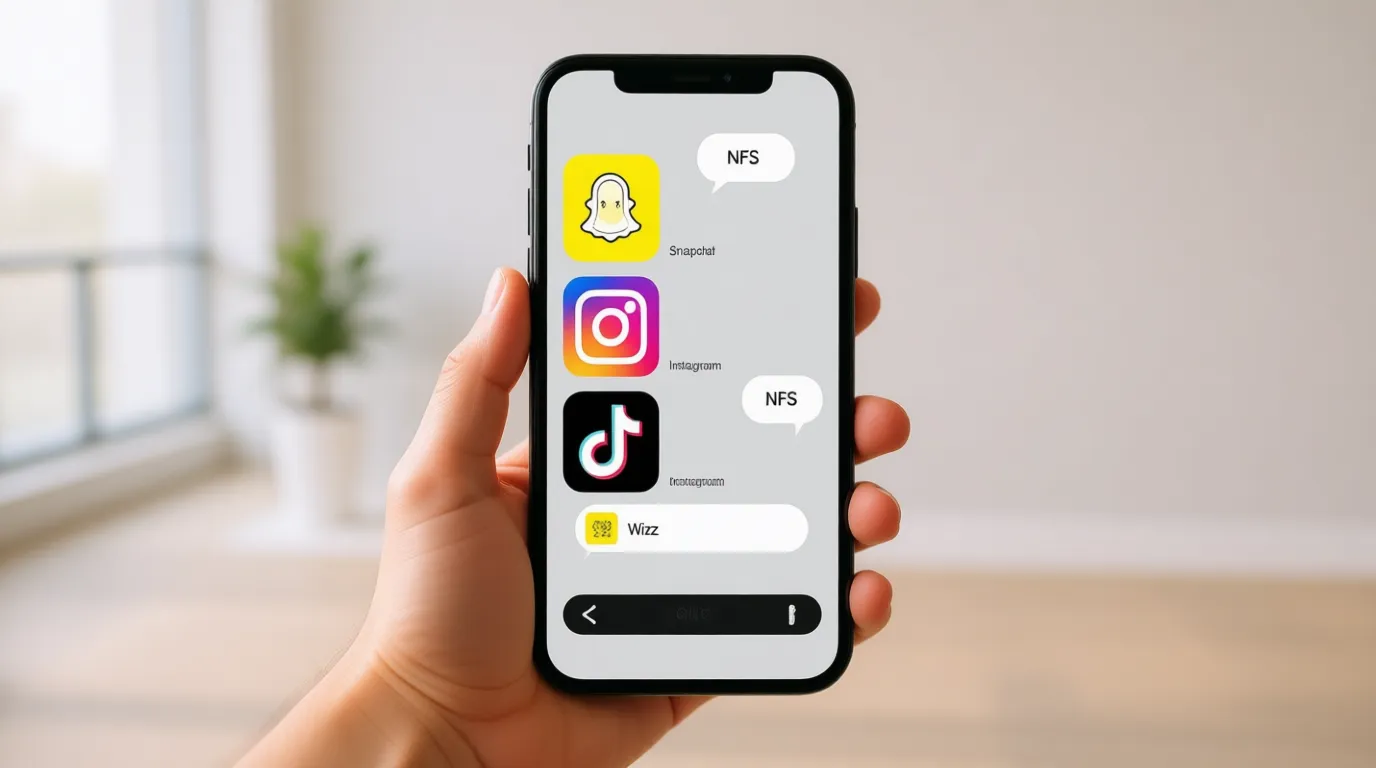 Smartphone showing NFS messages across social media apps like Snapchat, Instagram, TikTok, and Wizz.