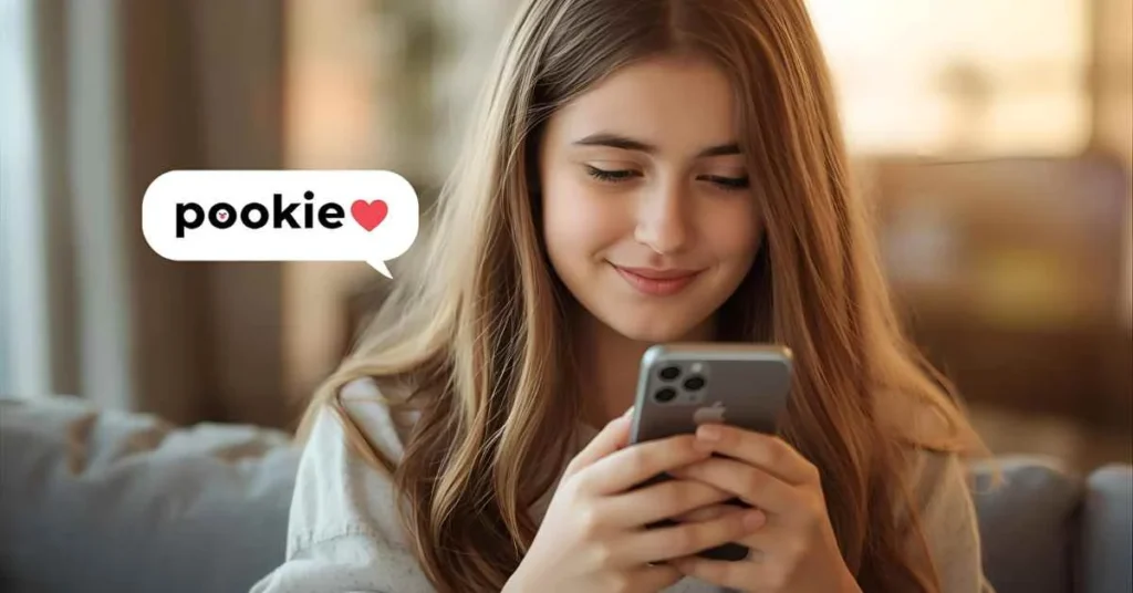 Girl texting “pookie” with heart emojis, representing affectionate nickname usage in messages and social media.
