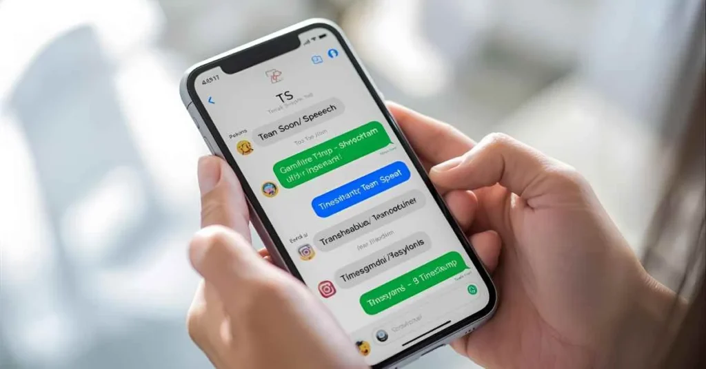 Smartphone showing TS in text messages with social media icons, illustrating slang, gaming, identity, and timestamp meanings.
