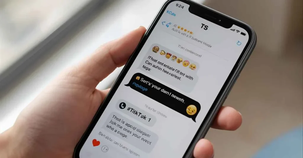 Smartphone chat showing TS in text messages with emojis, representing slang usage on social media platforms like TikTok and Instagram.