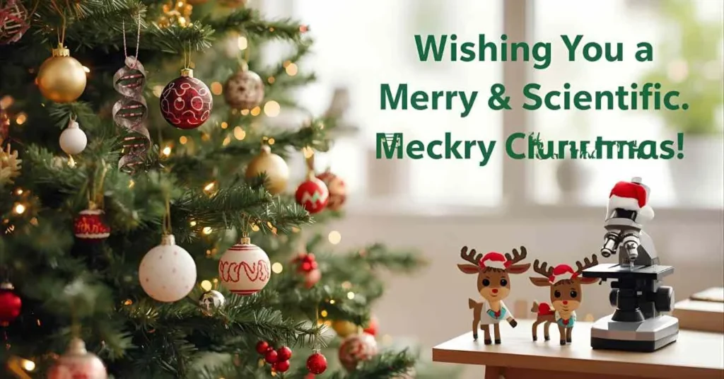 Festive Christmas scene featuring a tree decorated with DNA helix ornaments, molecular structures, a microscope with a Santa hat, and a cheerful text saying ‘Wishing You a Merry & Scientific Christmas!