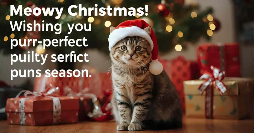 A cute cat wearing a Santa hat next to a decorated Christmas tree and gifts, with a festive text saying ‘Meowy Christmas! Wishing you a purr-fect holiday season.’ Perfect for a blog about cat Christmas puns.