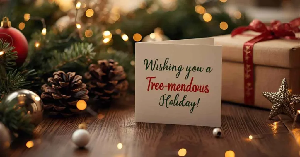 Festive Christmas greeting card with a cheerful pun ‘Wishing you a tree-mendous holiday!’ on a cozy wooden table surrounded by ornaments, lights, and wrapped gifts, perfect for blog about Christmas puns for cards.