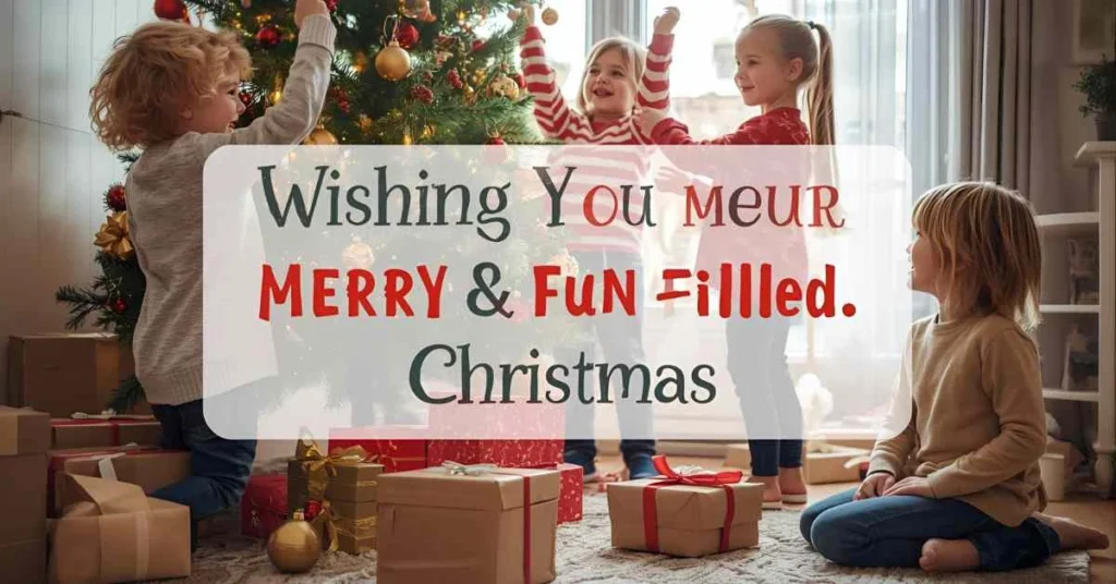 Happy children decorating a Christmas tree and playing with gifts, with a festive text overlay saying ‘Wishing You a Merry & Fun-Filled Christmas!’ – perfect for Christmas puns for kids