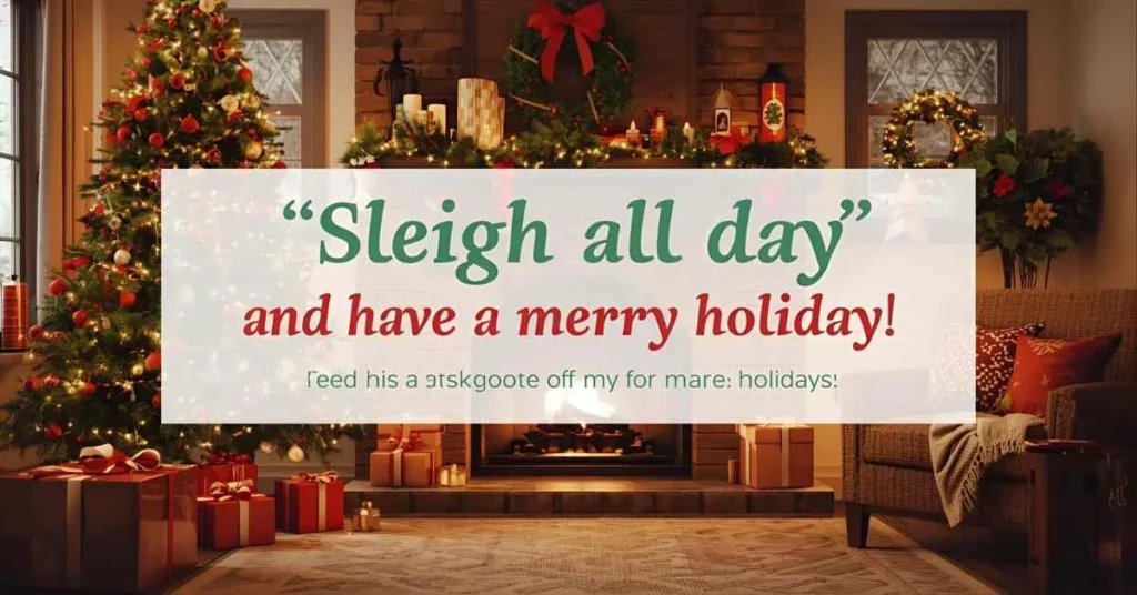 Festive Christmas scene with decorated tree, wrapped gifts, cozy fireplace, and a cheerful one-liner Christmas pun ‘Sleigh all day, and have a merry holiday