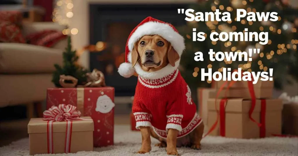 Cute dog wearing a Christmas sweater and Santa hat, sitting among wrapped gifts and twinkling lights with a text overlay saying ‘Santa Paws is coming to town! Happy Holidays!