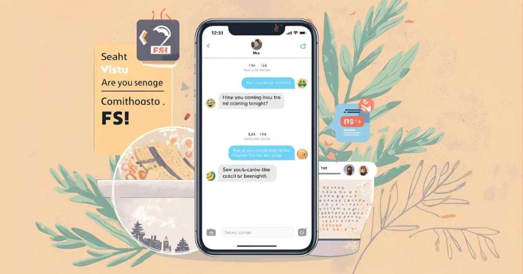 Illustration showing FS in a texting conversation meaning For Sure, with speech bubbles and emojis.