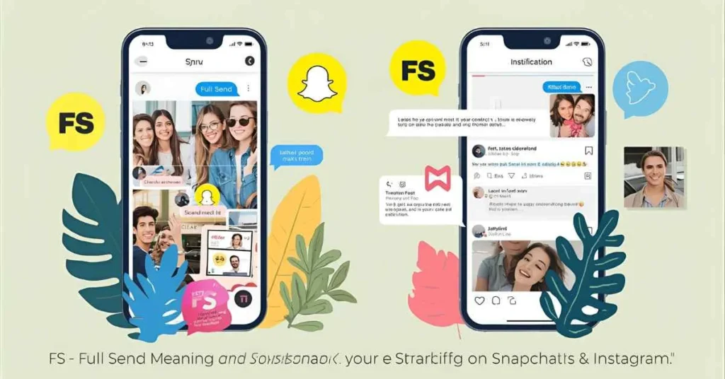 Illustration showing FS meaning Full Send on Snapchat and Instagram chats with emojis and social media interface.