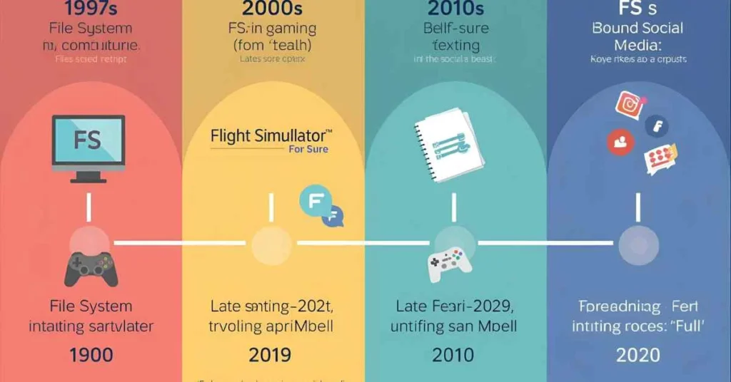 Timeline illustration showing the evolution of FS from computing, gaming, texting, to social media usage.