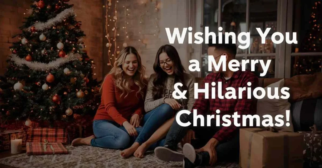 Realistic Christmas scene with decorated tree, wrapped gifts, and laughing family enjoying funny holiday moments. Includes text: ‘Wishing You a Merry & Hilarious Christmas!’ Perfect for funny Christmas puns article.
