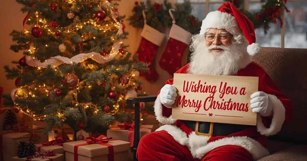 Festive Christmas scene with Santa Claus, decorated tree, wrapped gifts, glowing lights, and a sign reading ‘Wishing You a Holly Jolly Merry Christmas!’, perfect for Merry Christmas puns article.