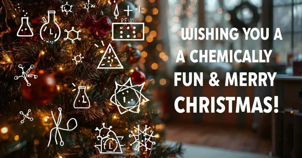 Festive Christmas scene with decorated tree, twinkling lights, lab flasks, DNA strands, and molecules integrated into decorations, with text ‘Wishing You a Chemically Fun & Merry Christmas!