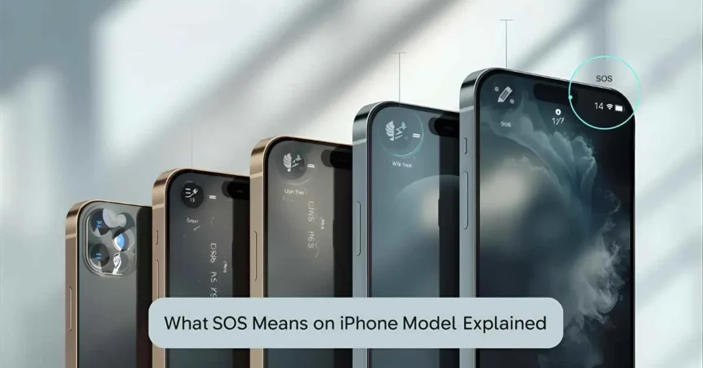 Multiple iPhone models from iPhone 11 to iPhone 16 Pro showing SOS on screen, highlighting Emergency SOS and network signal for each model
