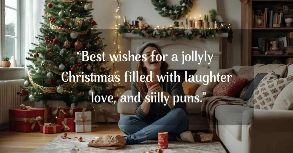 Terrible Christmas puns showing a cozy festive living room with a decorated tree, presents, and a humorous card, including a joyful Christmas wish