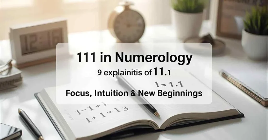 What does 111 mean in numerology showing number 111 with numerology calculation and symbols of focus, intuition, and new beginnings