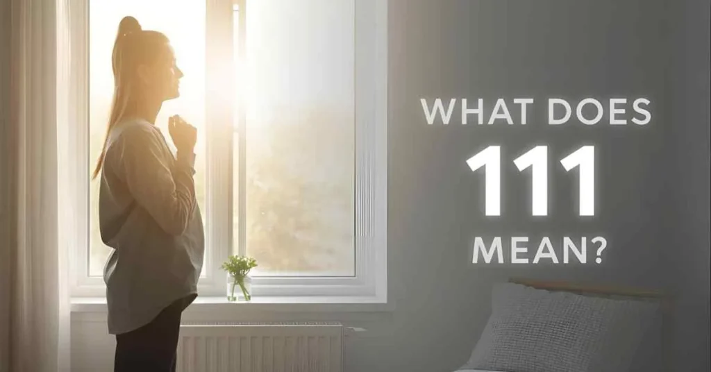 What does 111 mean spiritually showing a calm person noticing 1:11 representing awareness, alignment, and inner clarity