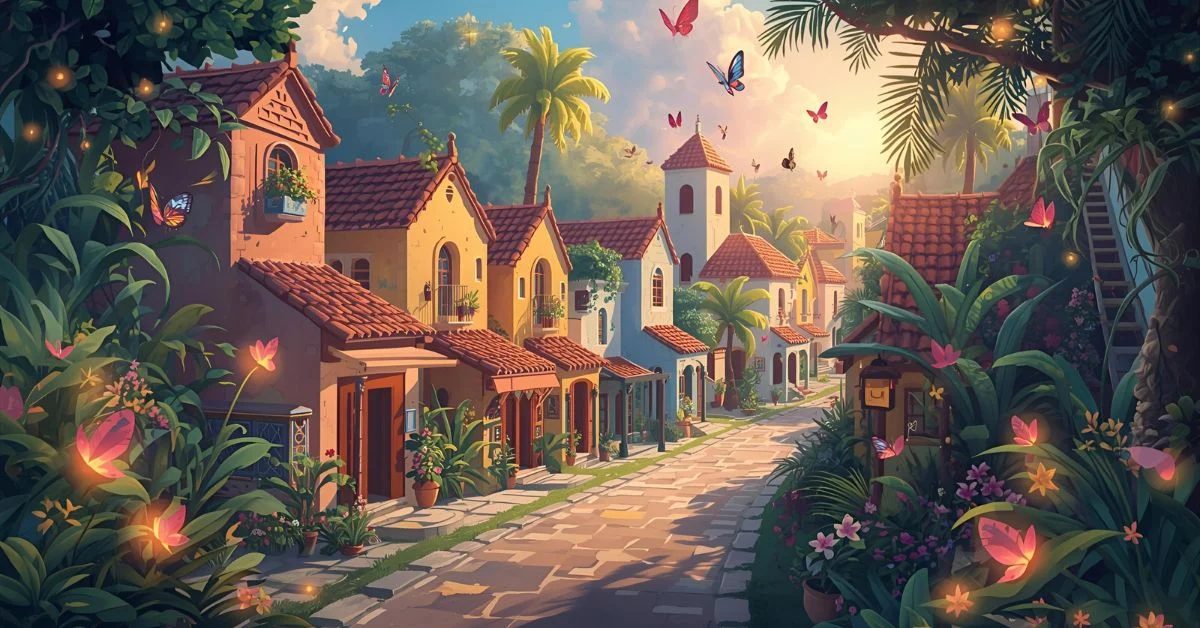 Bright and colorful Latin-inspired village representing ‘Encanto,’ with magical glowing lights, butterflies, flowers, tropical plants, and warm sunlight conveying charm, delight, and enchantment.