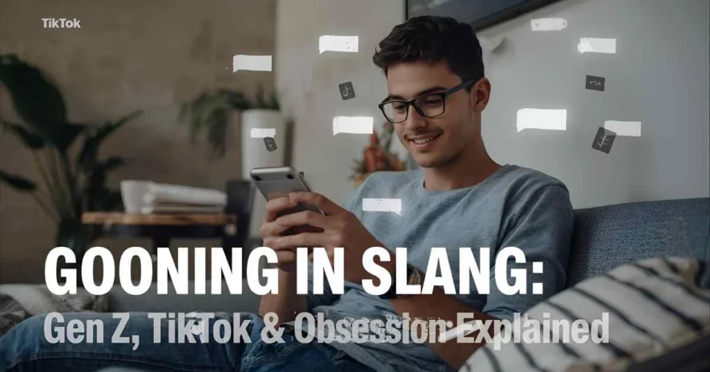 What does gooning mean in slang showing a young adult using a smartphone with TikTok and social media icons representing Gen Z obsession and immersion