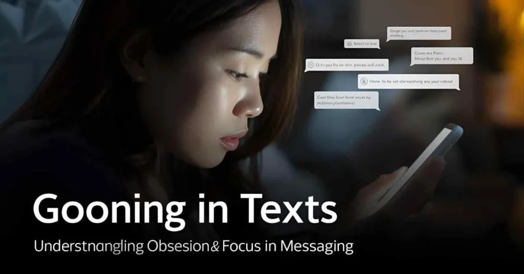 What does gooning mean in text and messaging showing a person focused on smartphone chats, illustrating obsession, deep focus, and texting trends