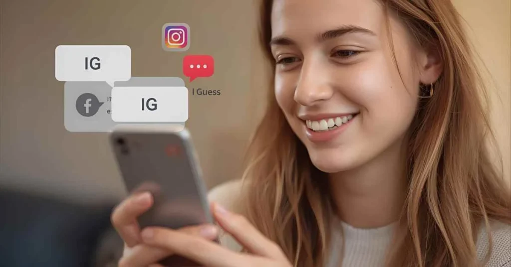 A young woman texting with visible chat bubbles showing IG, representing Instagram or I Guess meaning from a girl in a natural, informative scene