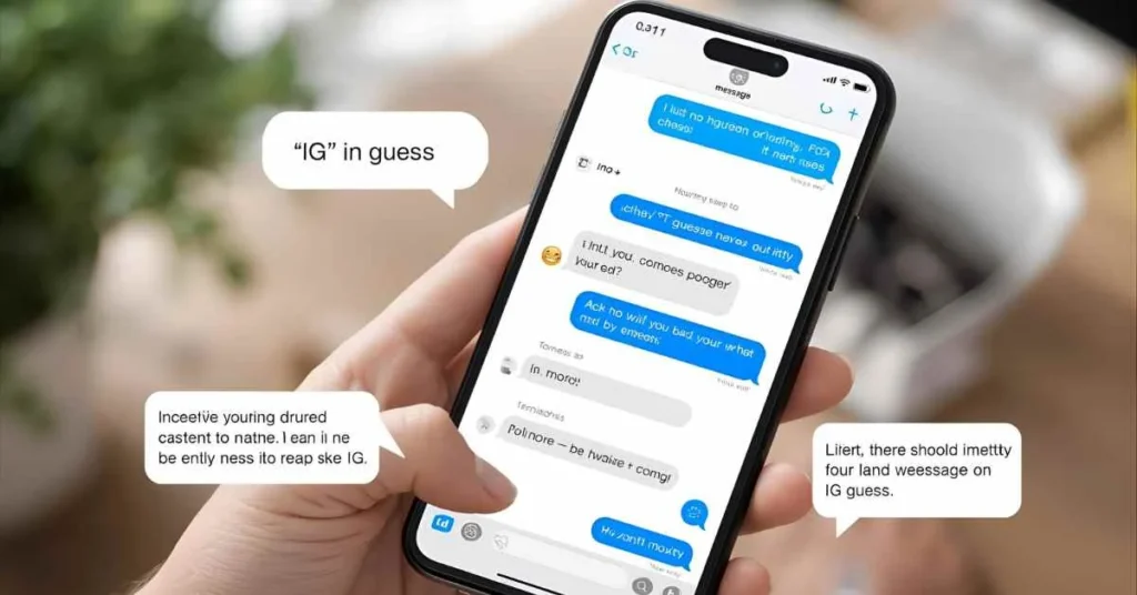 Smartphone showing a text message with IG abbreviation meaning I Guess, highlighting casual texting and chat context
