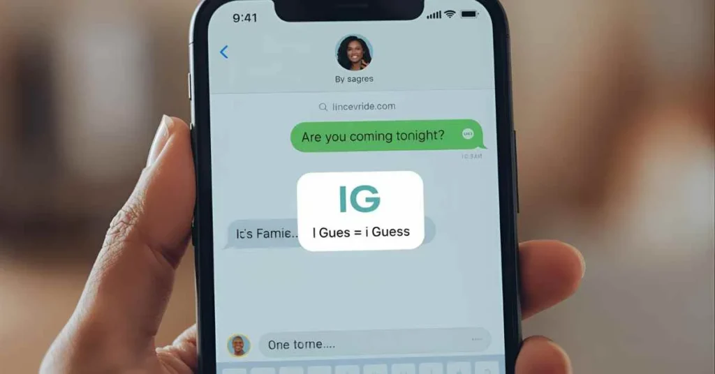 Realistic texting conversation showing IG meaning I Guess in a chat with emoji, educational and informative illustration for understanding IG in texting